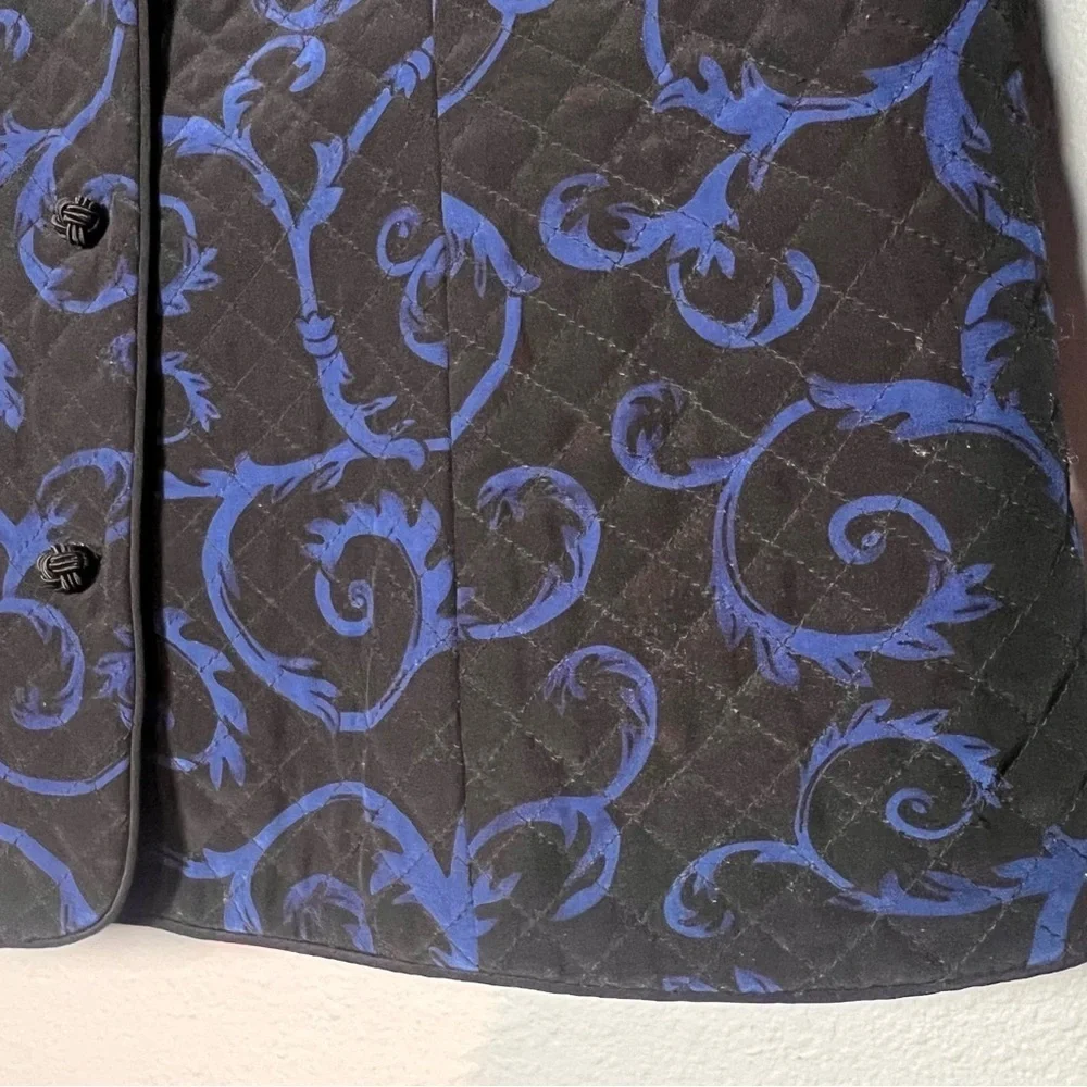 Talbots Quilted Blazer Jacket Button Up Blue Black Silk Swirl Size 14 Flaw